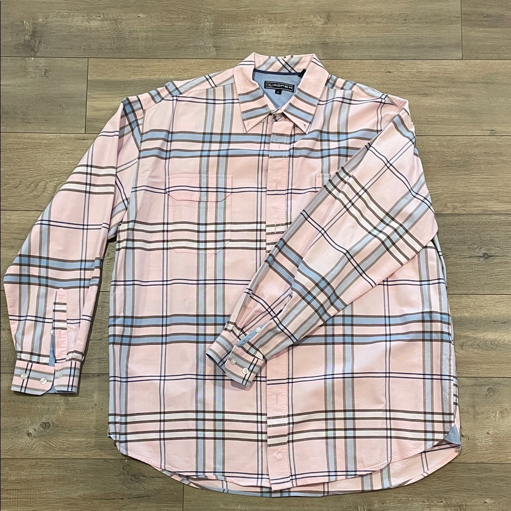 Roper Pink and Gray Plaid Button Down Shirt